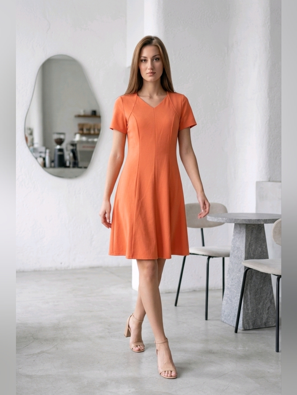 Roaman's Orange Short-Sleeve Fit & Flare Mini Dress